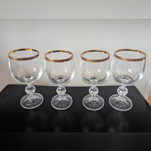Set of 4 vintage Bohemian crystal wine glasses with metallic rims